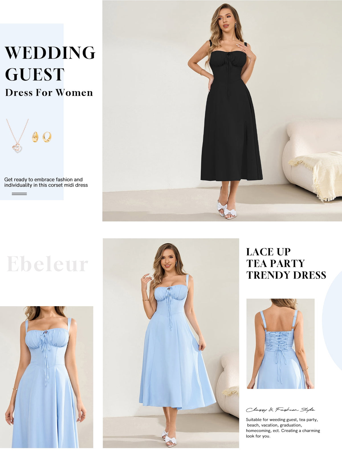 thumbnail image 6 of Women's 2025 Summer Midi Corset Dress Wedding Guest Dresses A Line Flowy Slit Going Out Sundress for Tea Party, 6 of 7
