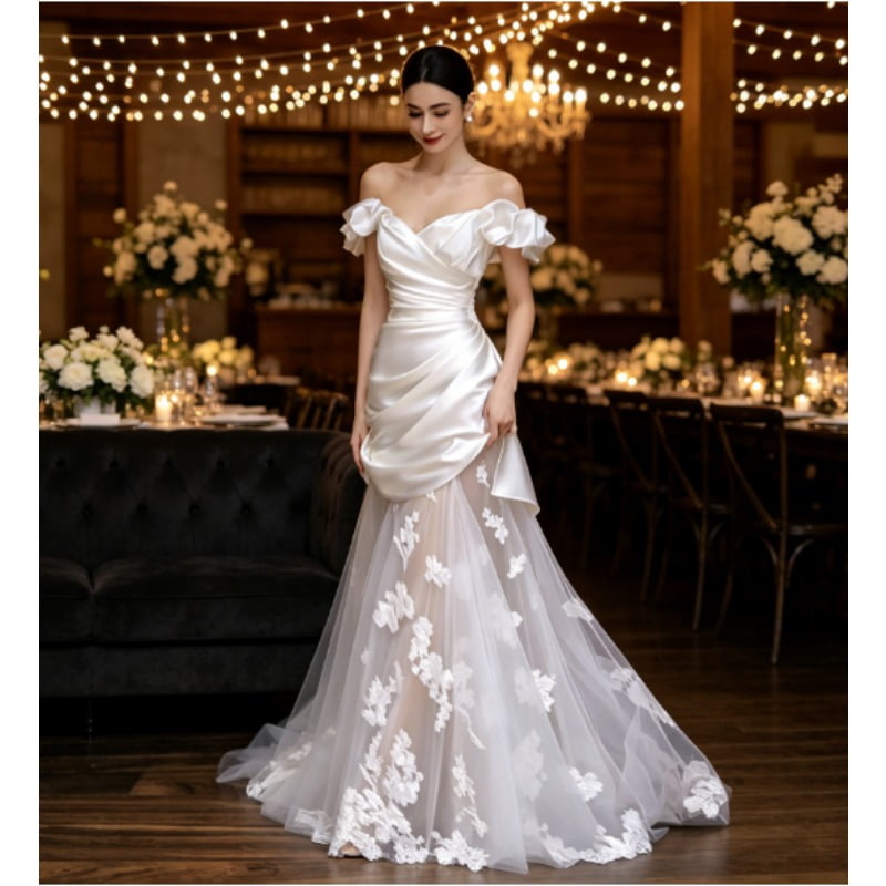 thumbnail image 6 of zanzanmeow Wedding Registry French forest style fairy satin splicing lace fishtail light wedding dress 2026 new bridal travel photo door veil elegant one-shoulder engagement welcome dress, 6 of 7