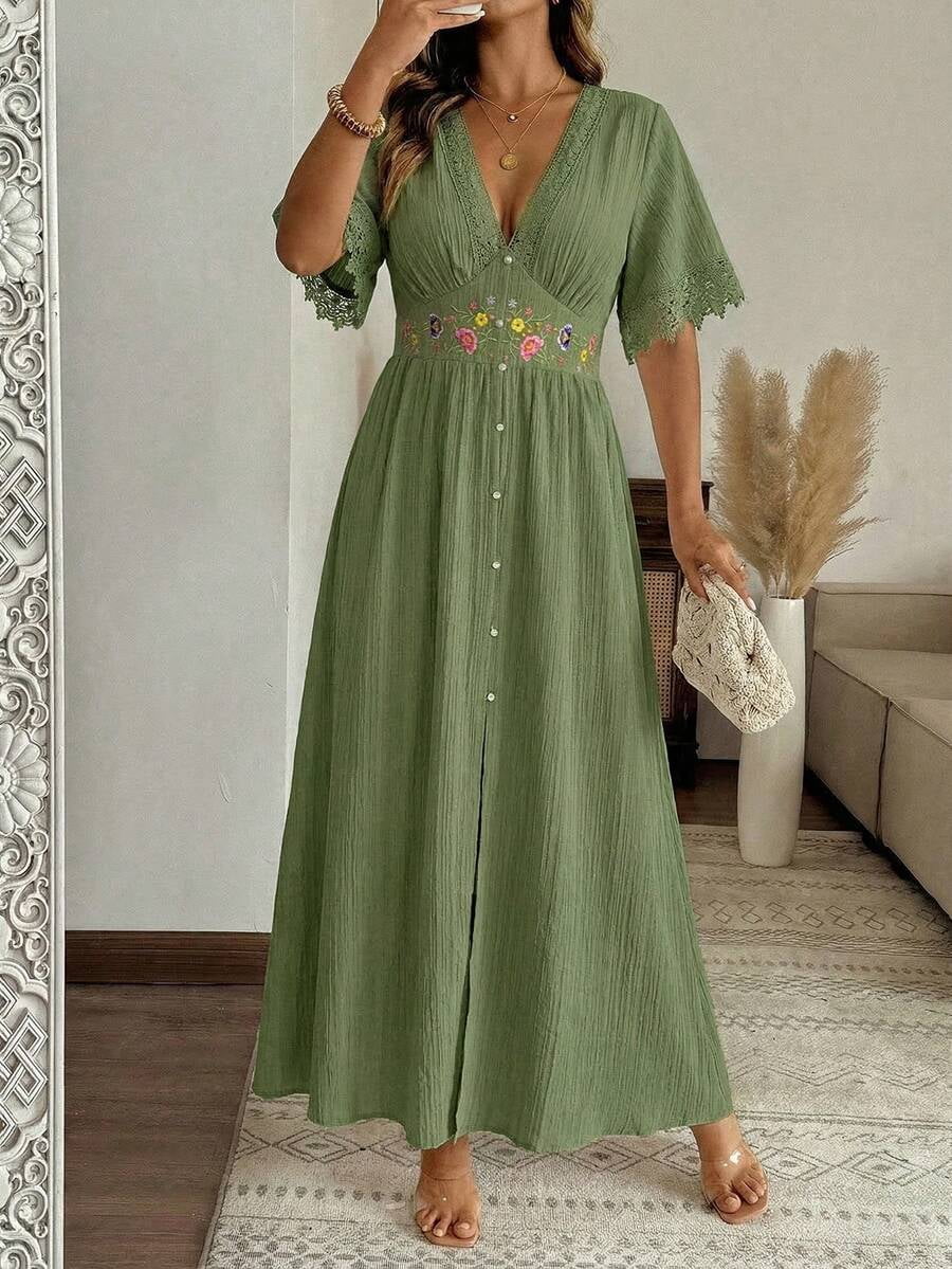 thumbnail image 3 of Womens Olive Green Boho Maxi Dress, Deep V-Neck Floral Embroidery Ruched, 3 of 6