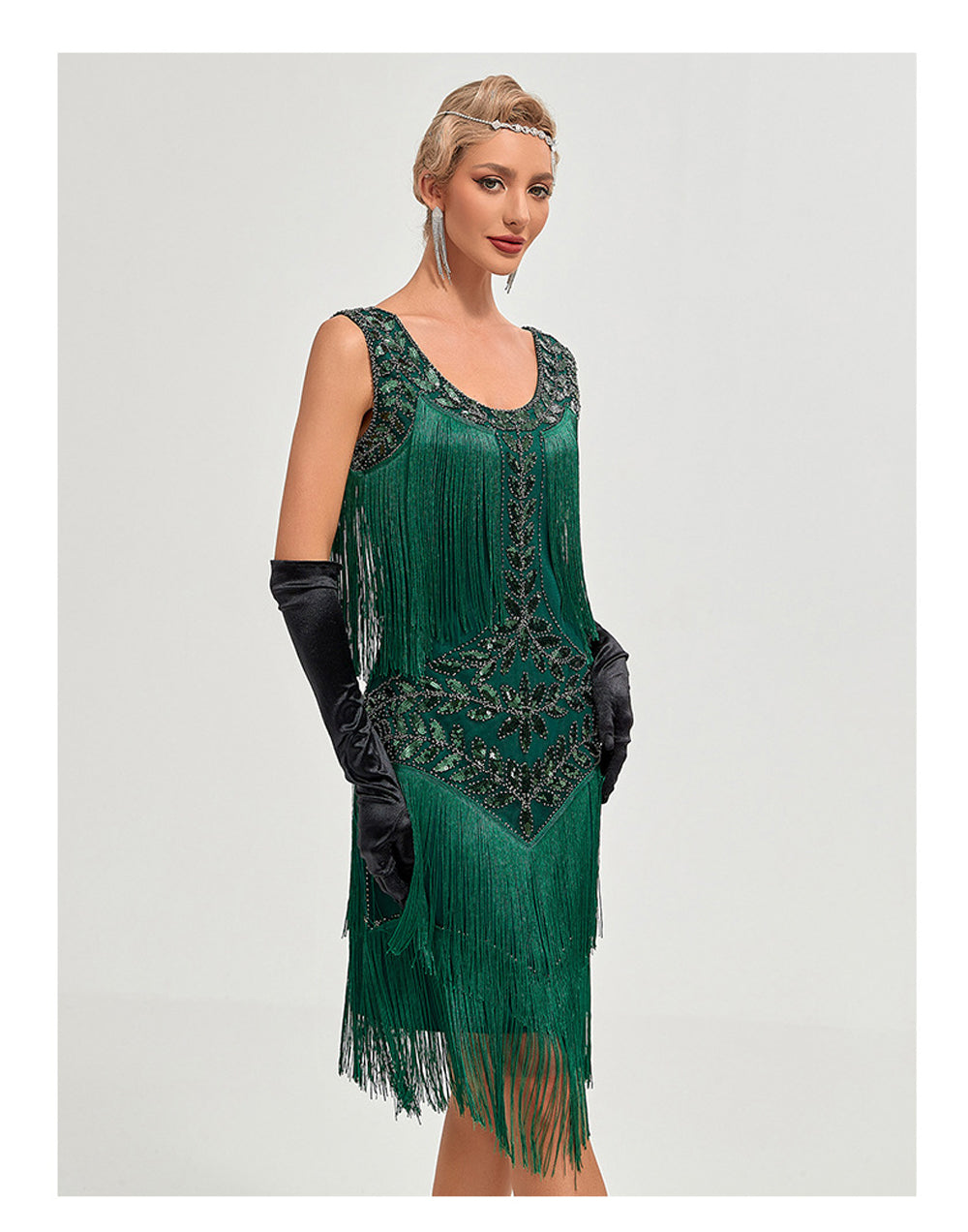 thumbnail image 3 of 1920s Vintage Dress Summer Fringe Beaded Great Gatsby Flapper Evening Dress Party Cocktail Prom,S,Dark Green, 3 of 7
