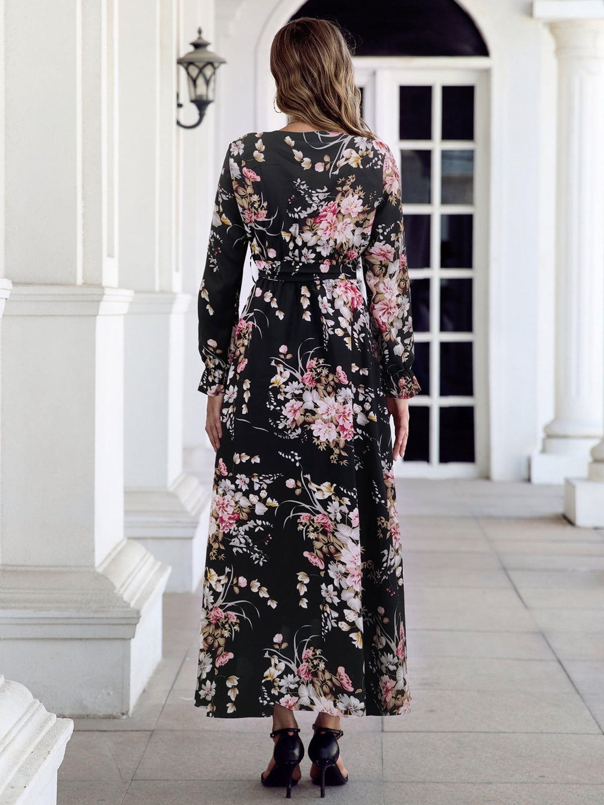 thumbnail image 3 of I2CRAZY Womens Pink Floral V Neck Empire Waist Long Sleeve Boho Wrap Maxi Dresses-S, 3 of 7