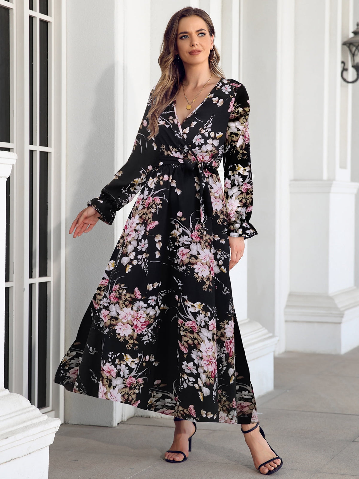 thumbnail image 2 of I2CRAZY Womens Pink Floral V Neck Empire Waist Long Sleeve Boho Wrap Maxi Dresses-S, 2 of 7