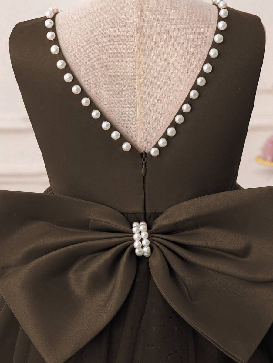 thumbnail image 3 of Maroon Pearl-Trimmed Bow Back Deep V-Neck Tulle Party Dress, 3 of 30