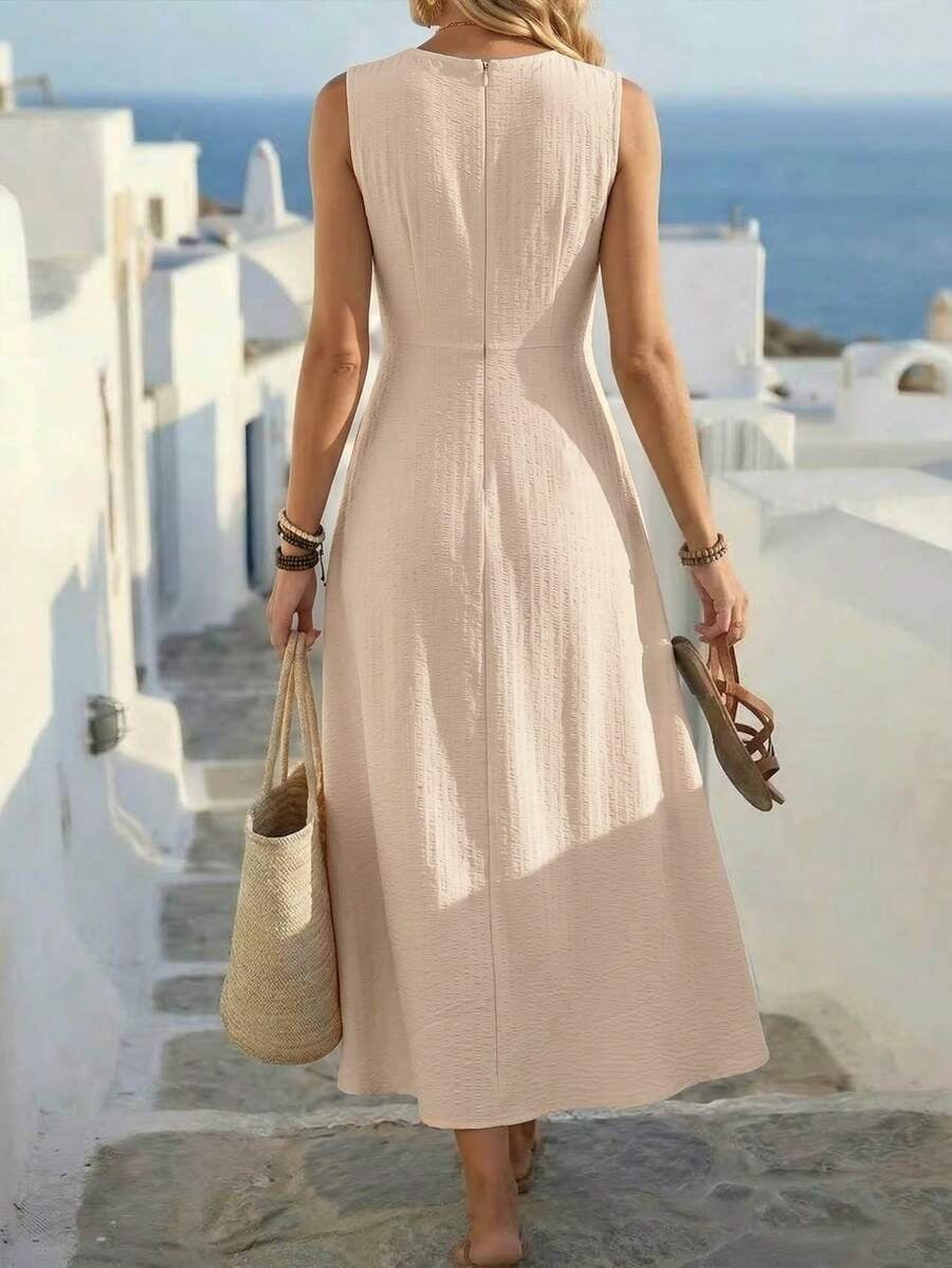 thumbnail image 2 of Women Sleeveless Apricot Maxi Dress Criss-Cross Waist Casual Vacation, 2 of 4