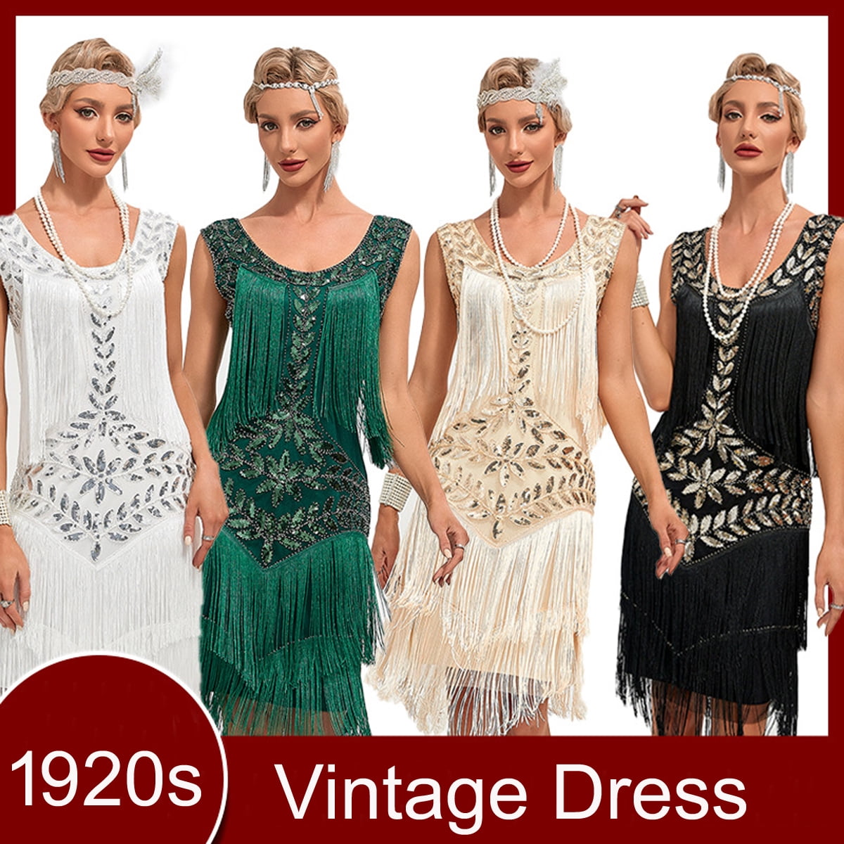 thumbnail image 1 of 1920s Vintage Dress Summer Fringe Beaded Great Gatsby Flapper Evening Dress Party Cocktail Prom,S,Dark Green, 1 of 7
