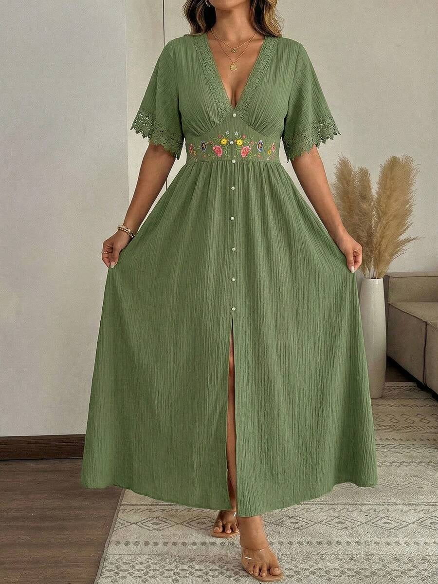 thumbnail image 5 of Womens Olive Green Boho Maxi Dress, Deep V-Neck Floral Embroidery Ruched, 5 of 6