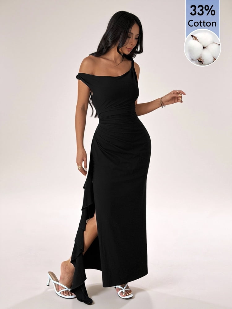 thumbnail image 3 of Black One Shoulder Ruffle Wrap Maxi Dress with High Slit, 3 of 6