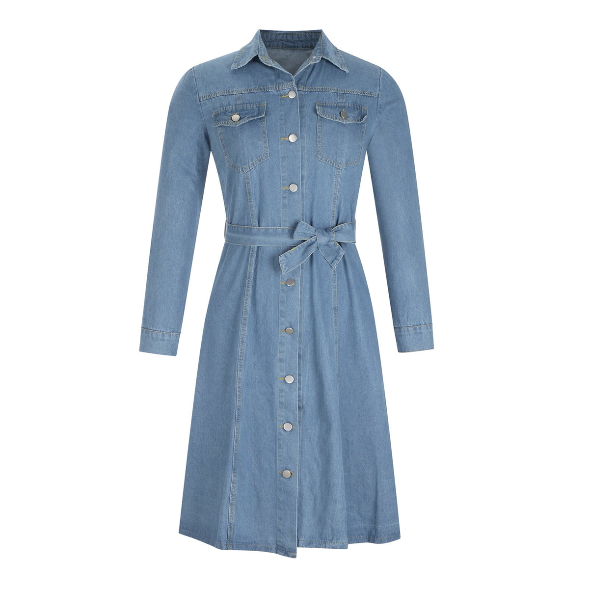 thumbnail image 4 of PATLOLLAV Dresses for Women,Women's Spring Autumn Lapel Denim Casual High Waist Pocket Button Lace Up Dress, 4 of 6