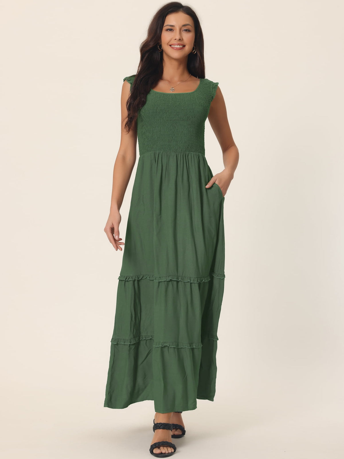 thumbnail image 2 of DARING DIVA Scoop Neck Ruffle Tiered Maxi Dress S Army Green, 2 of 6