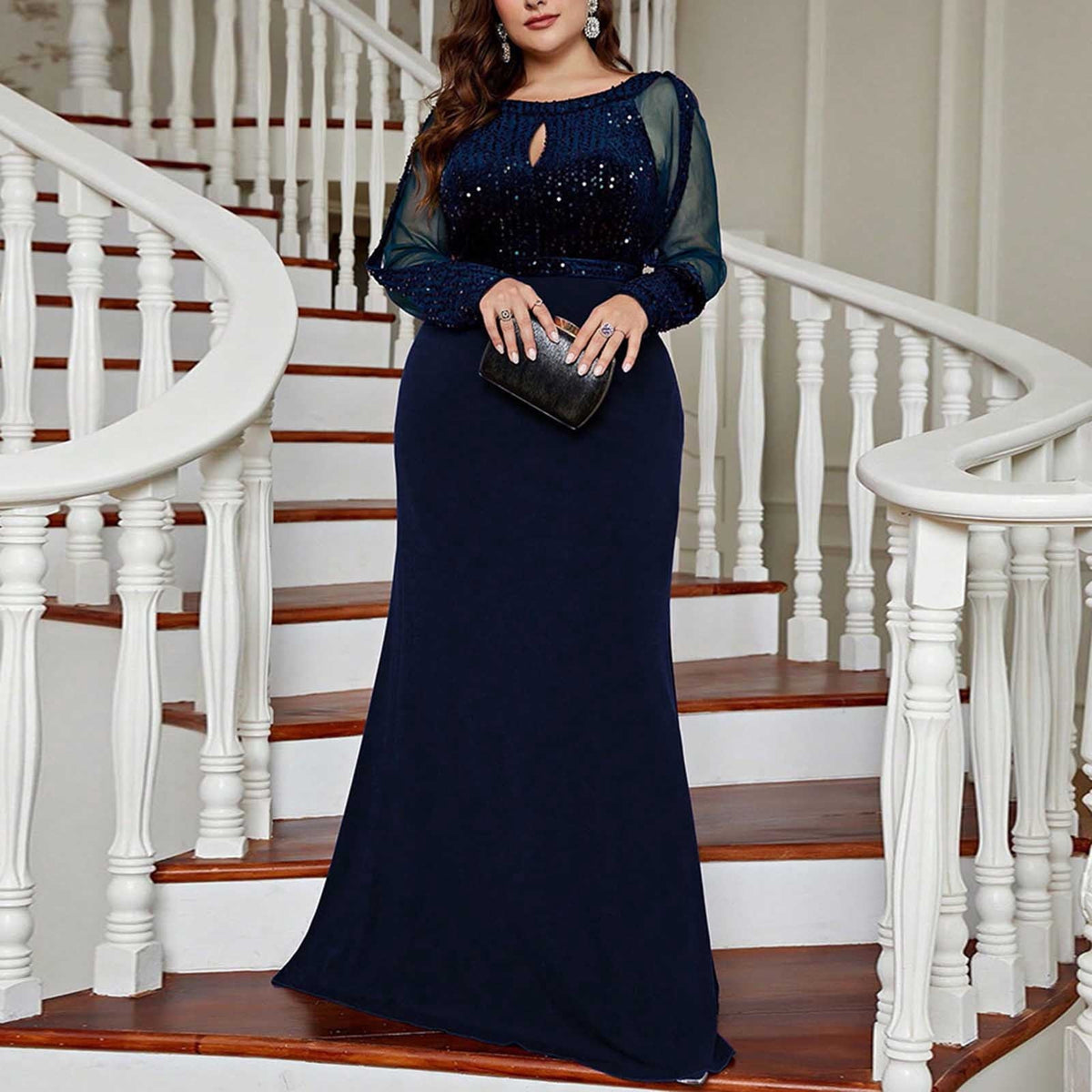 thumbnail image 6 of Arnsht Women's Plus Size Sequin Lace Round-Neck Sheer Long Sleeves Formal Evening Dancing Party Dress Chiffon Long Dress Blue XXXL, 6 of 6