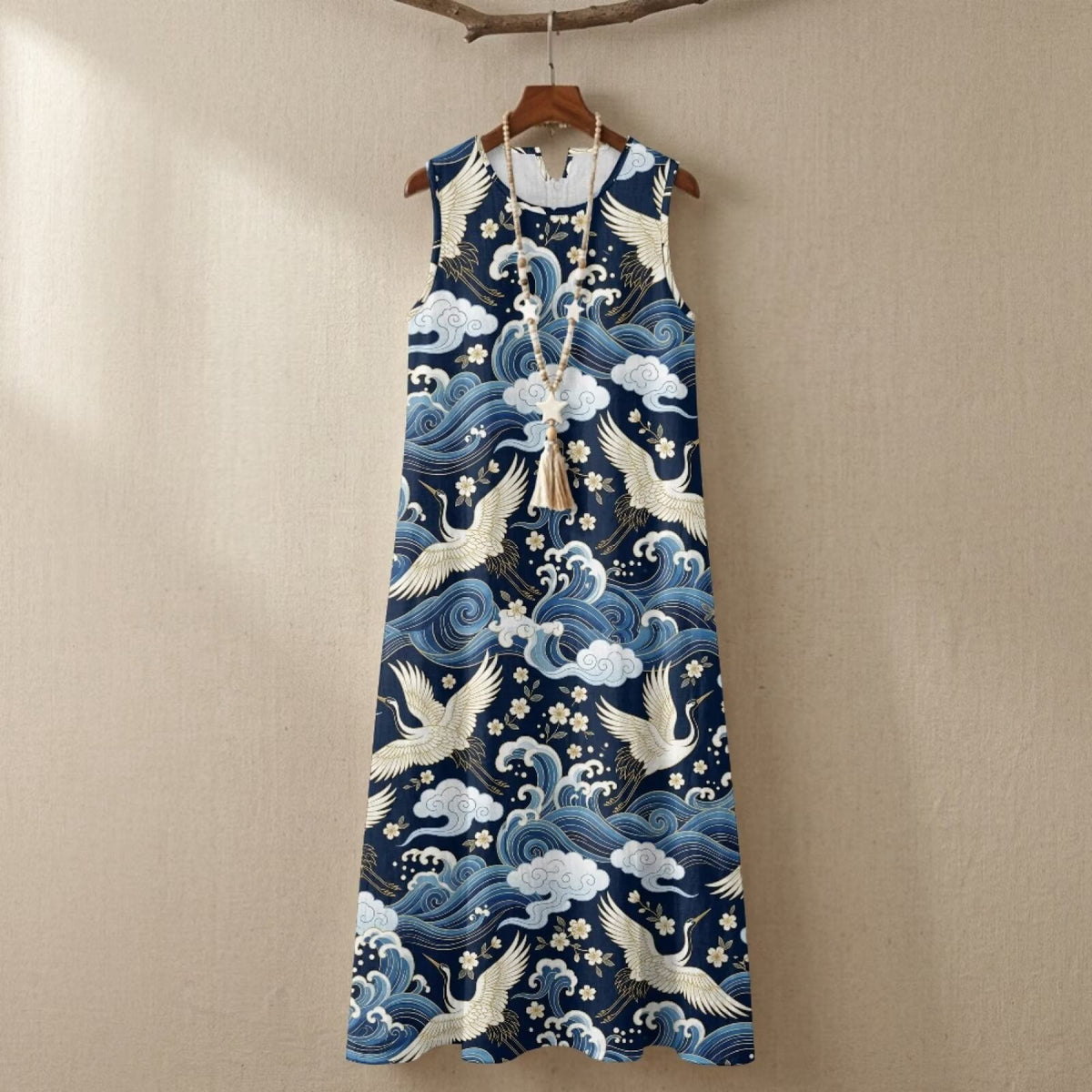 thumbnail image 5 of FKELYI Oriental Crane Cloud Blue Print Womens Summer Tank Dress Linen-Look Long Maxi Dress with Pockets Anti-Wrinkle Casual Beach Dress Breathable Vacation Outfit, S, 5 of 7