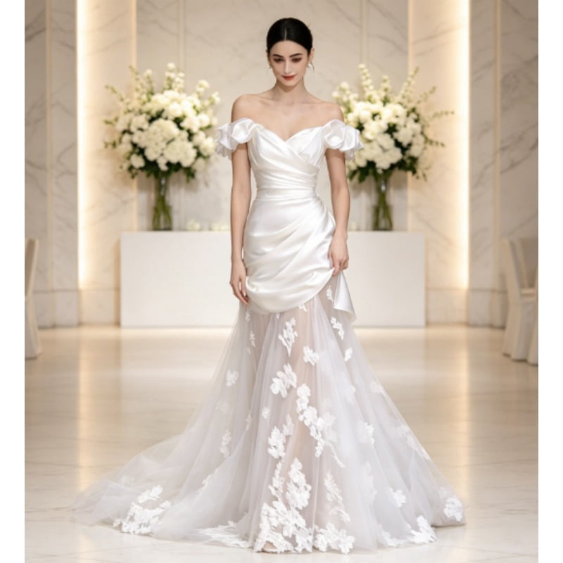 thumbnail image 2 of zanzanmeow Wedding Registry French forest style fairy satin splicing lace fishtail light wedding dress 2026 new bridal travel photo door veil elegant one-shoulder engagement welcome dress, 2 of 7