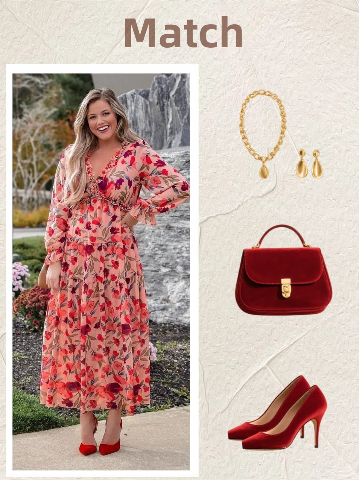 thumbnail image 5 of DOKOTOO Women's Red Floral Maxi Dresses Casual Deep V Neck Long Sleeve Evening Dress Cocktail Party Dress for Women, US 8-10(M), 5 of 10