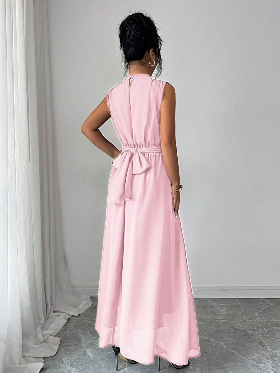 thumbnail image 2 of Baby Pink Womens Sleeveless High Neck Chiffon Maxi Dress With Waist Bow, 2 of 8