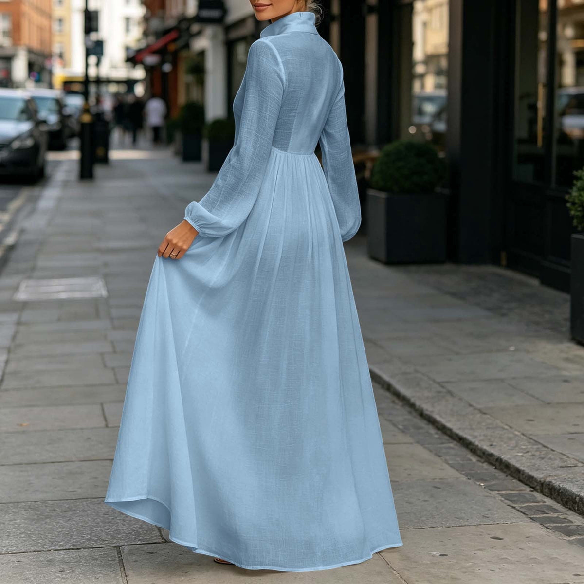 thumbnail image 4 of Efsteb Sundresses for Women Button V-Neck Long Sleeve Pleated Flowy Dress with Solid Color Loose Fit Summer Beach Cover Up Dress (Sky Blue,XL), 4 of 5