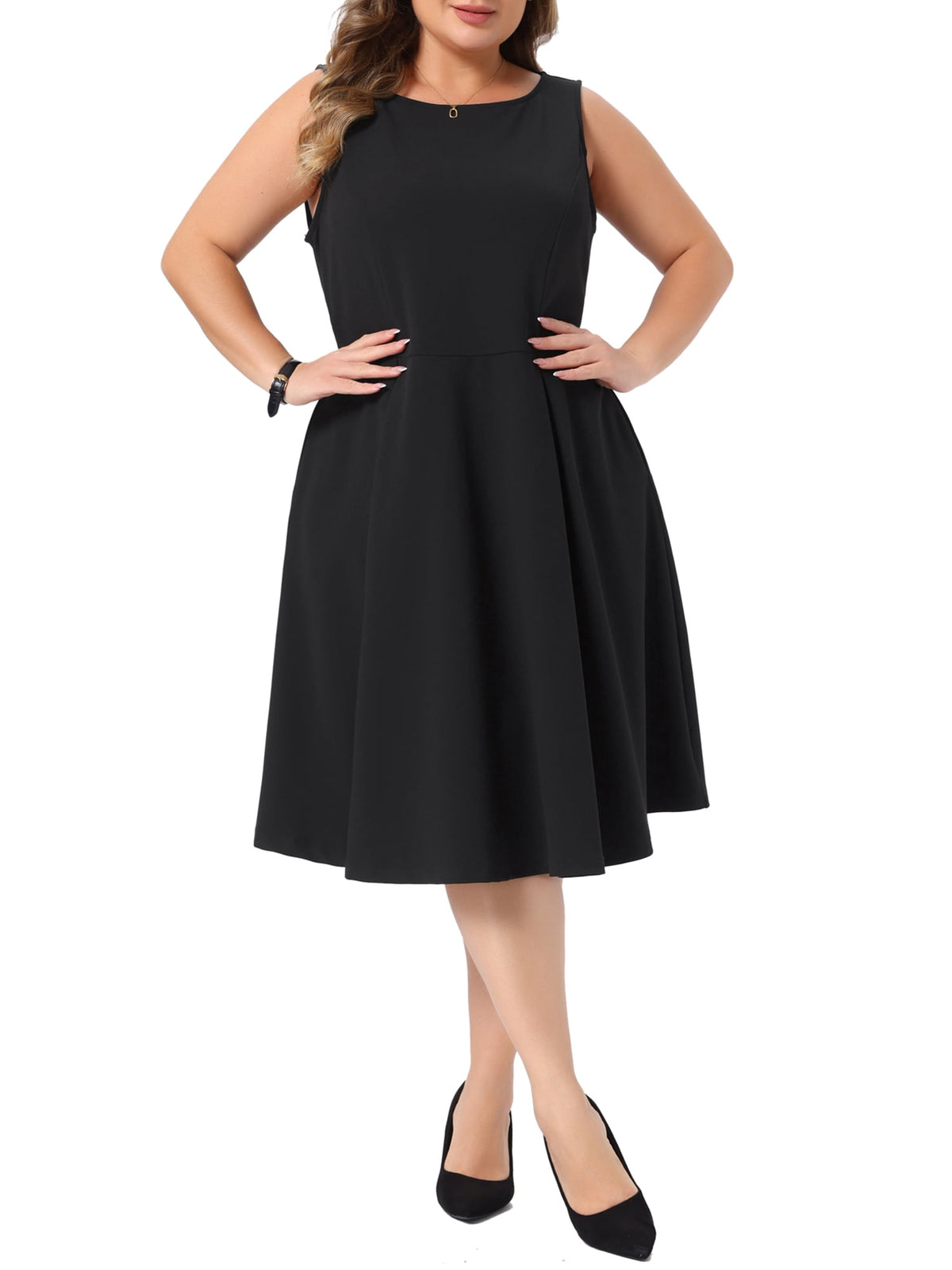 thumbnail image 2 of Agnes Orinda Women's Plus Size Flare A-Line Dress Boat Neck Sleeveless Pleated Office Work Cocktail Dresses with Pockets 2X Black, 2 of 6