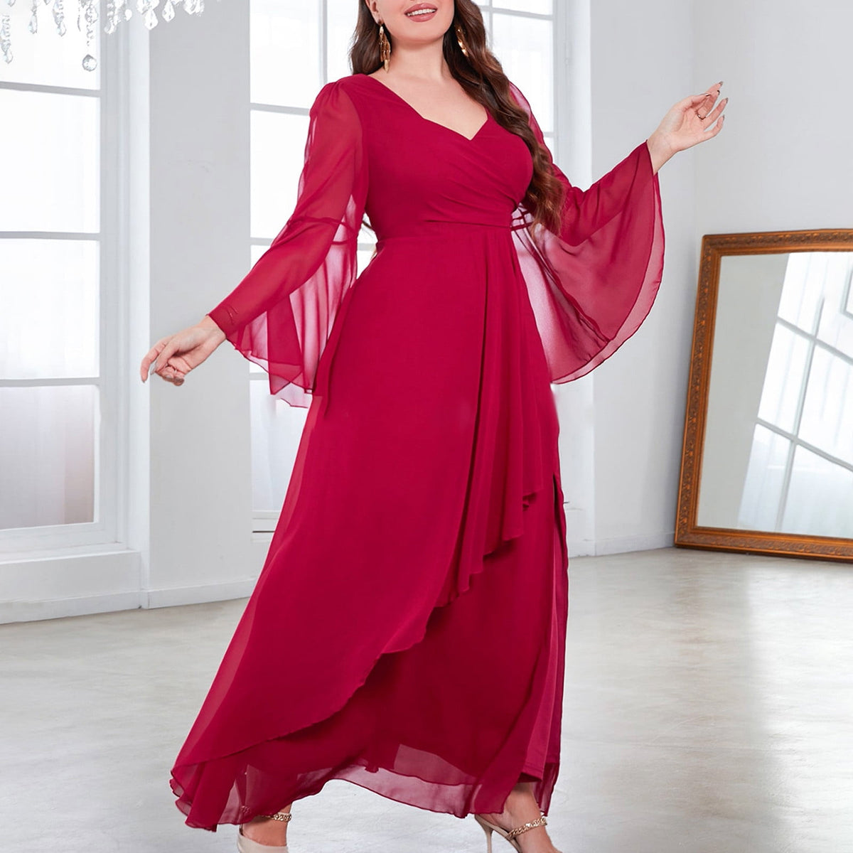 thumbnail image 4 of asdoklhq Womens Holiday Dresses Women's Plus-size V-neck Chiffon Full Slit Long Dress Evening Dress Wine 4X, 4 of 8