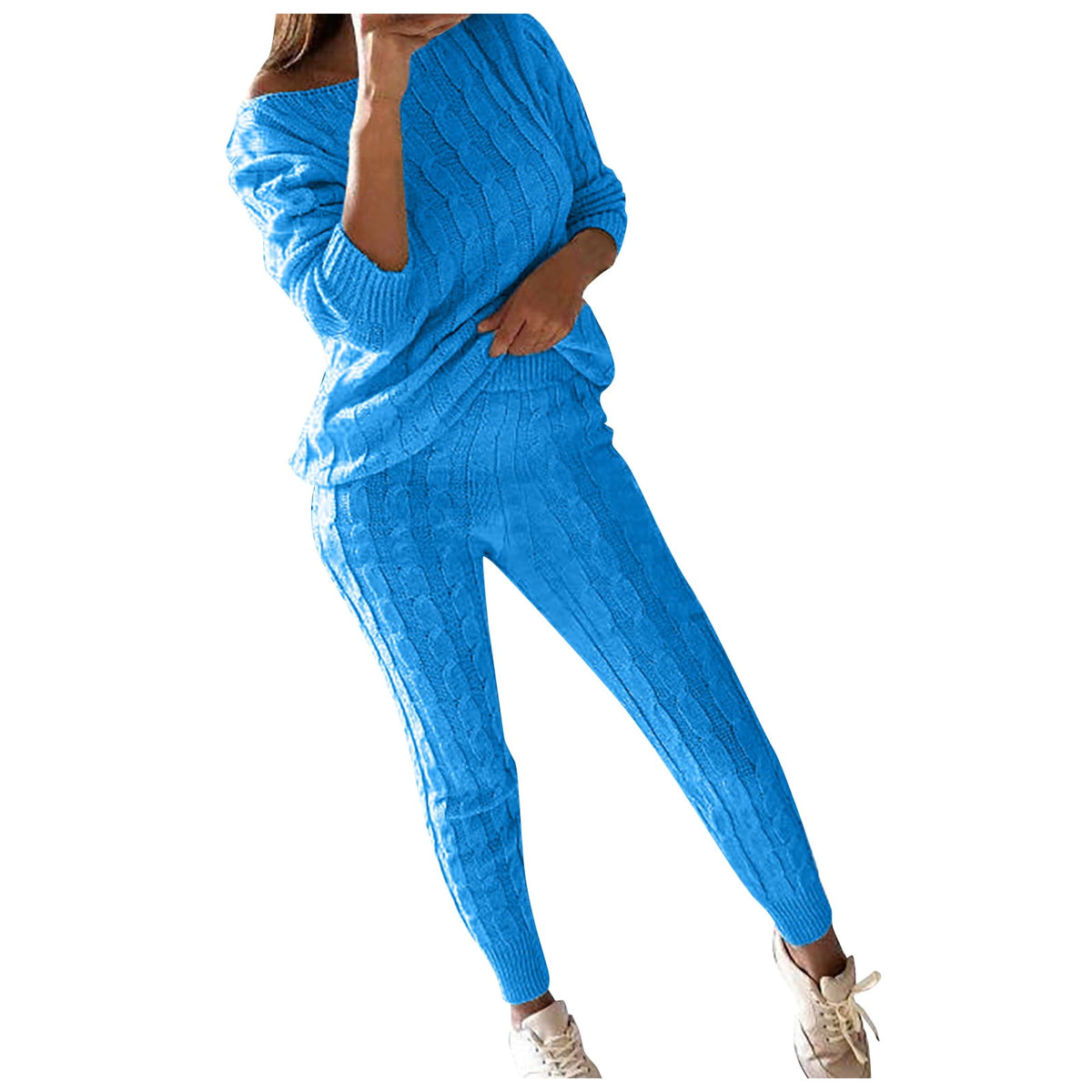thumbnail image 2 of SELONE Lounge Sets for Women 2 Piece Outfits Dressy Plus Size Ladies Solid Round Neck Cable Knitted Warm 2PC Loungewear Suit Sets 8-Dark Blue XXXL, 2 of 6