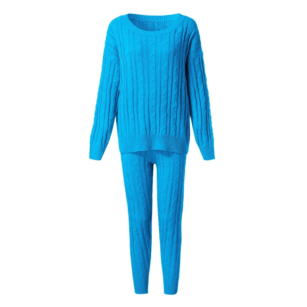 thumbnail image 4 of SELONE Lounge Sets for Women 2 Piece Outfits Dressy Plus Size Ladies Solid Round Neck Cable Knitted Warm 2PC Loungewear Suit Sets 8-Dark Blue XXXL, 4 of 6