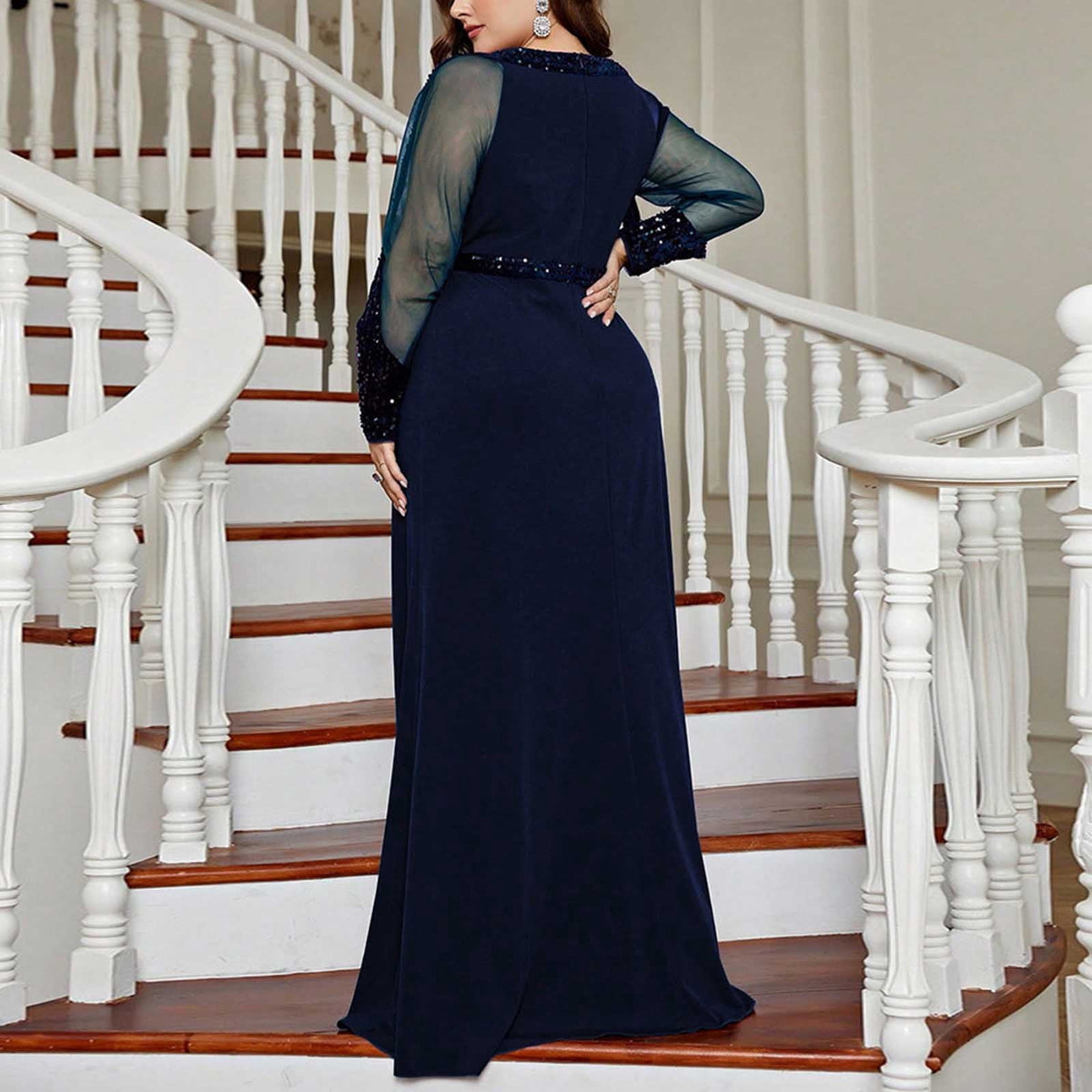 thumbnail image 2 of Arnsht Women's Plus Size Sequin Lace Round-Neck Sheer Long Sleeves Formal Evening Dancing Party Dress Chiffon Long Dress Blue XXXL, 2 of 6