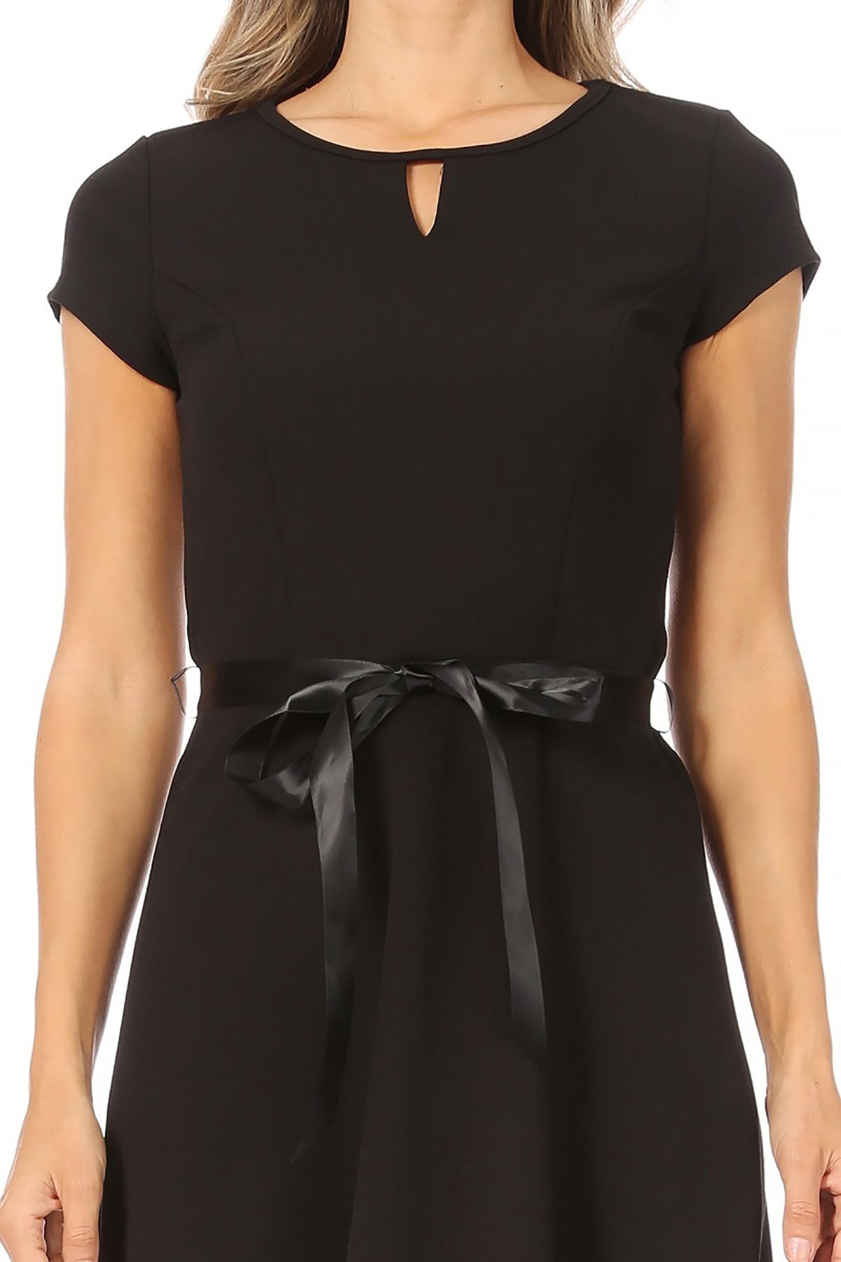 thumbnail image 5 of Women's Casual Solid Short Sleeve Ribbon Belted Flared A Line Swing Dresses, 5 of 6