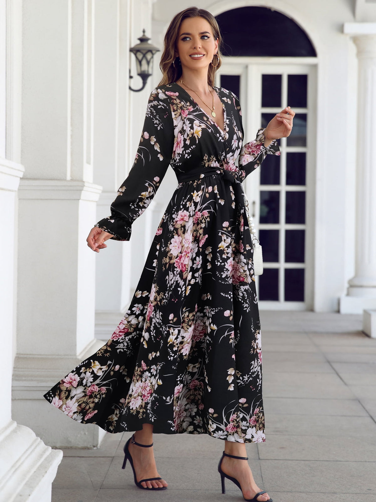 thumbnail image 6 of I2CRAZY Womens Pink Floral V Neck Empire Waist Long Sleeve Boho Wrap Maxi Dresses-S, 6 of 7