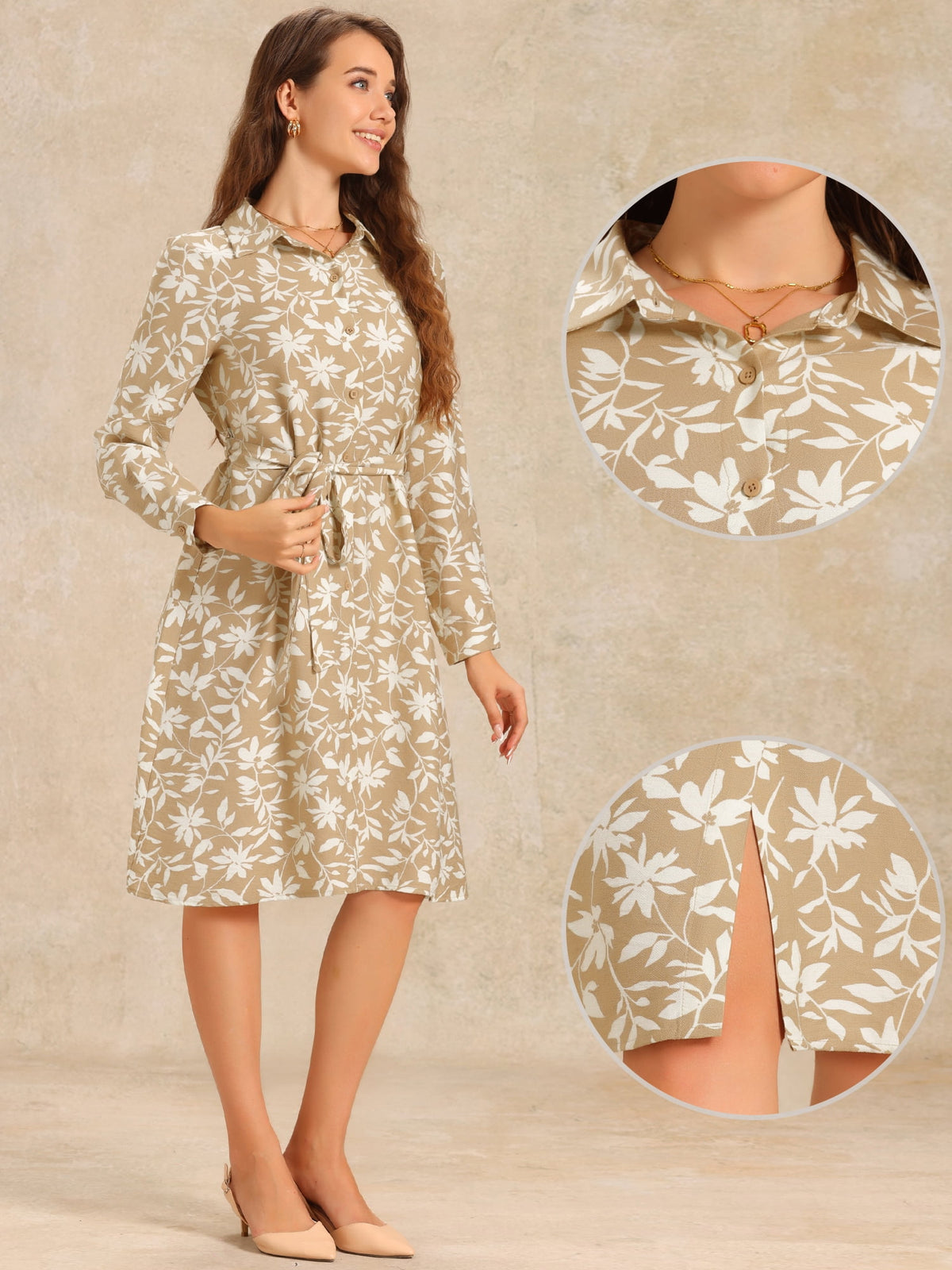 thumbnail image 2 of DARING DIVA Floral Button Down Tie Belted Shirt Dress L Khaki, 2 of 6