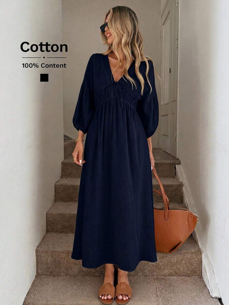 thumbnail image 3 of Women Blue Cotton Boho Lantern Sleeve Midi Dress V-Neck Tie Waist Casual, 3 of 5