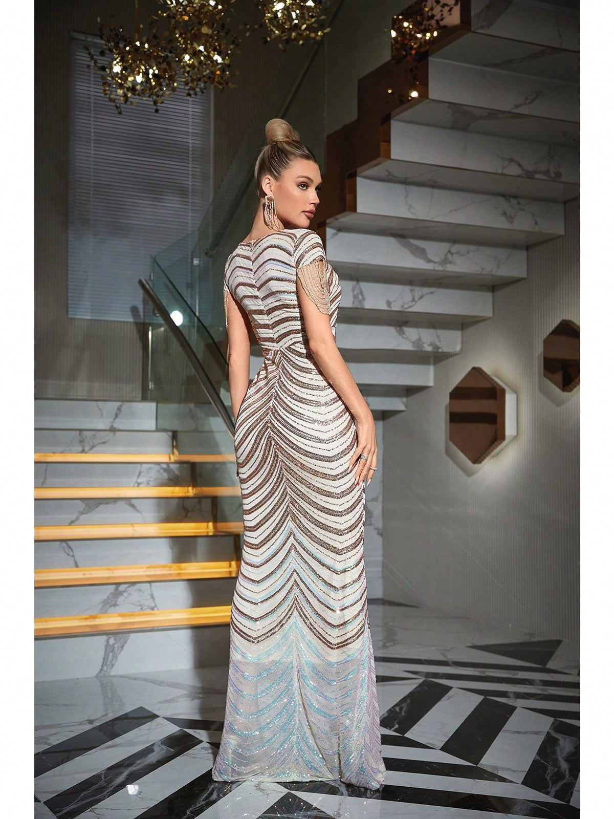 thumbnail image 3 of Formal Dress Tassels Sleeve Sequins Evening Dress, 3 of 13