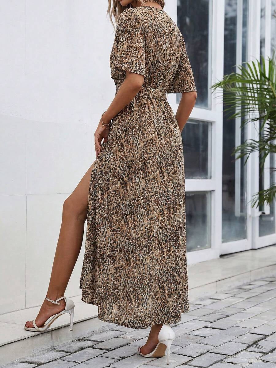 thumbnail image 2 of Womens Brown Leopard Print V-Neck Maxi Dress With Slit Hem And Belt, 2 of 6