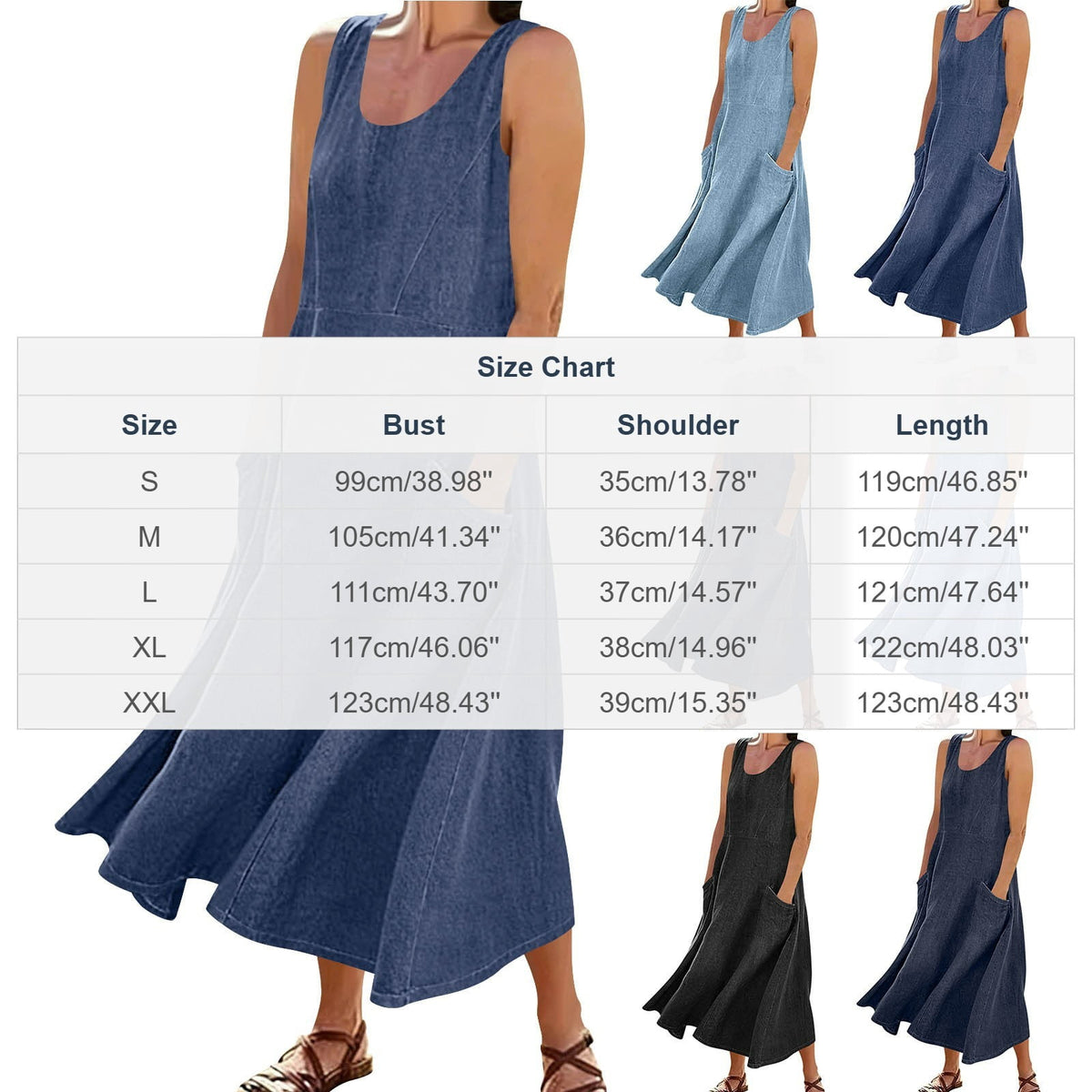 thumbnail image 3 of Neewe Womens Casual Plain Sleeveless Maxi Denim Dress Crewneck Vintage Loose Long Vest Jean Dress with Pockets, 3 of 6