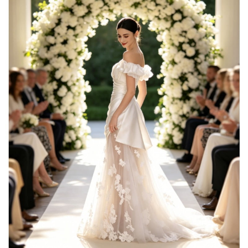 thumbnail image 3 of zanzanmeow Wedding Registry French forest style fairy satin splicing lace fishtail light wedding dress 2026 new bridal travel photo door veil elegant one-shoulder engagement welcome dress, 3 of 7