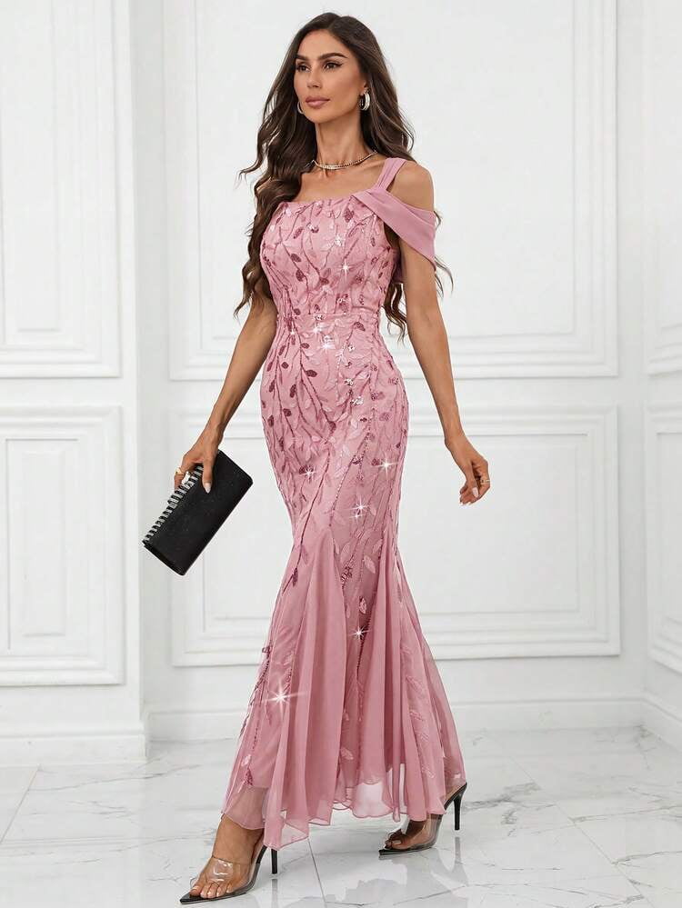 thumbnail image 4 of Pink Sequin Mermaid Evening Dress with Cold Shoulder, 4 of 6