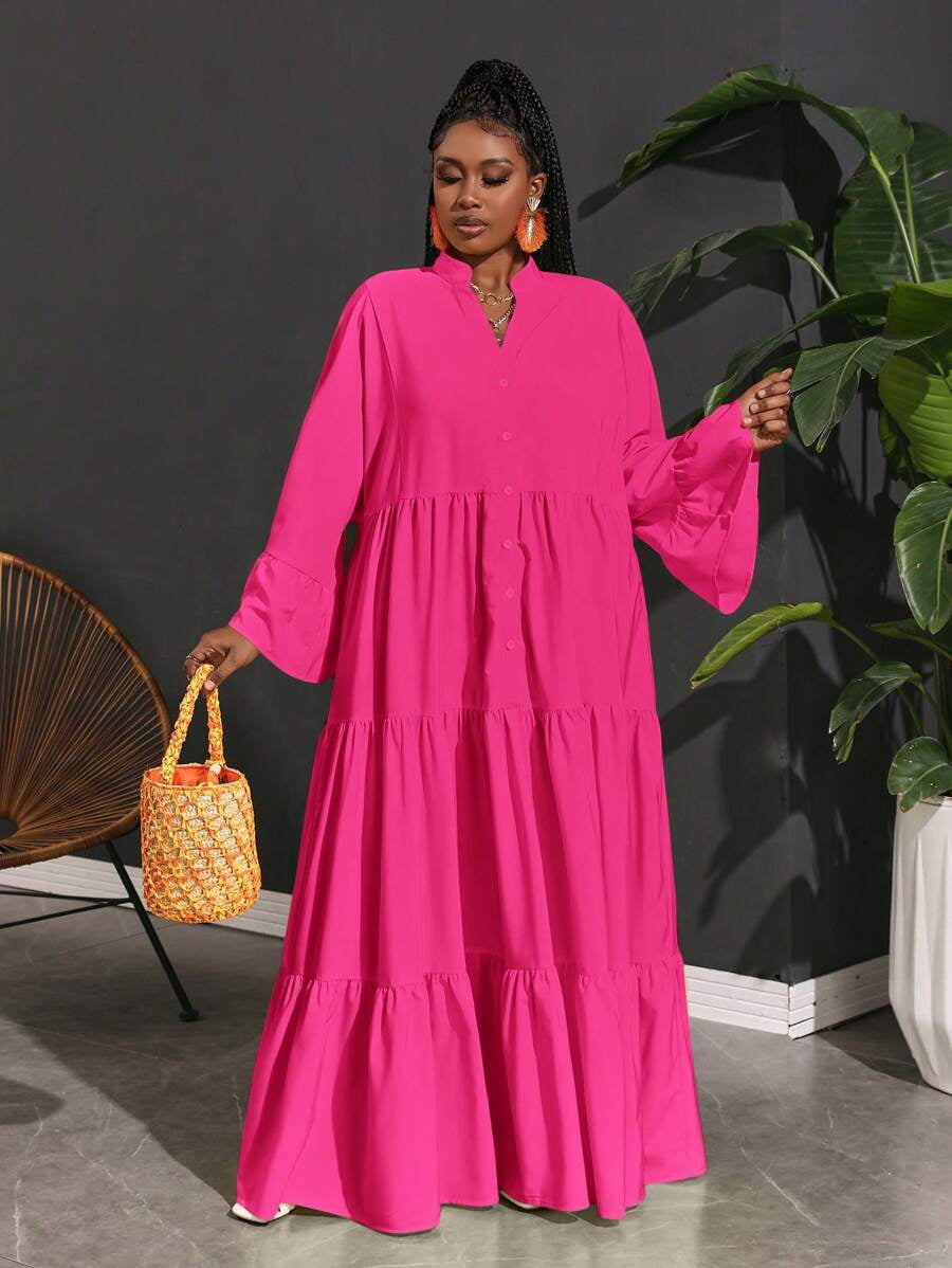 thumbnail image 2 of Plus Size Hot Pink Tiered Bell Sleeve Shirt Dress, Loose Fit Long Sleeve, 2 of 2