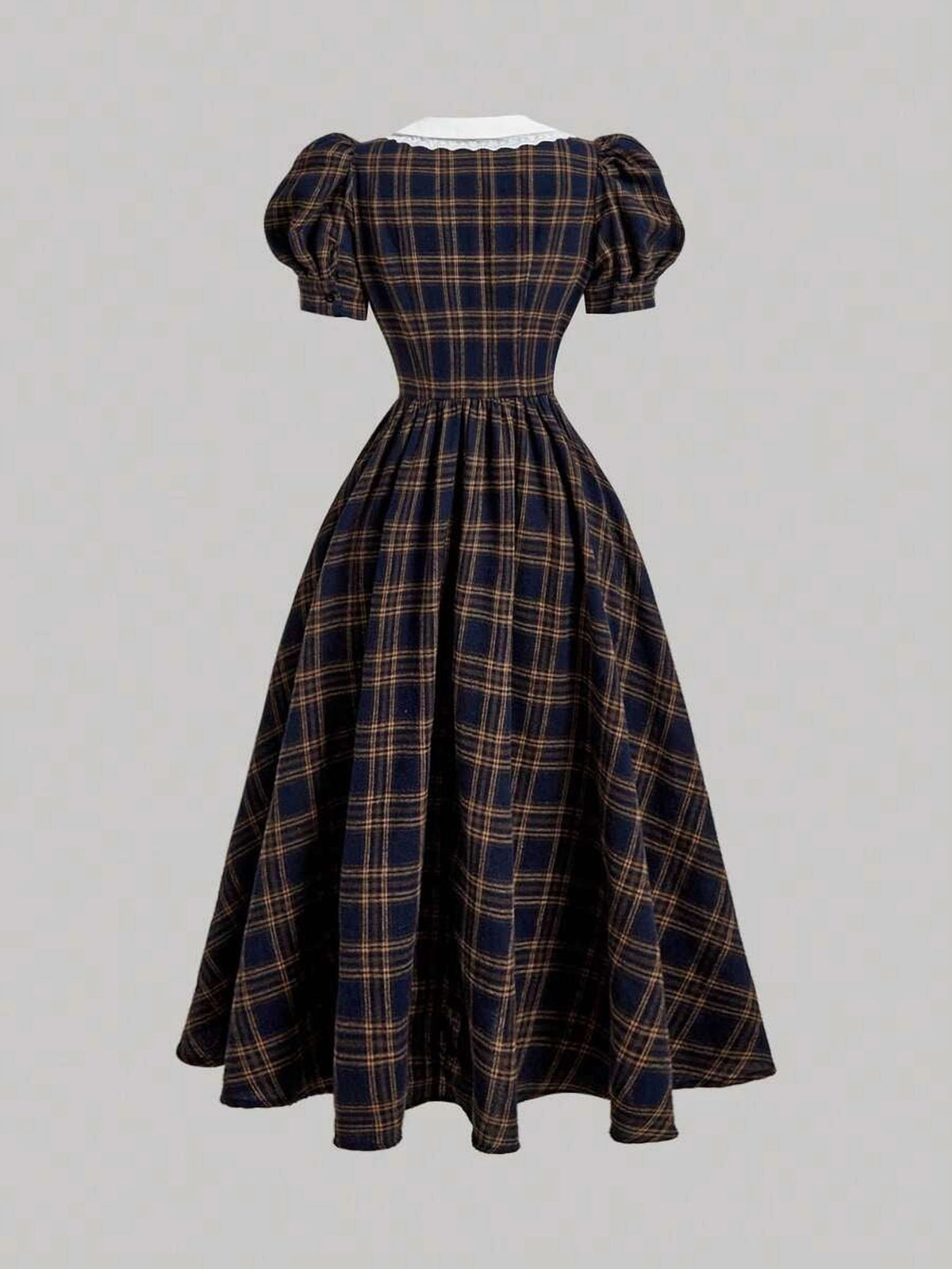 thumbnail image 6 of Brown Dress With Contrast Collar And Puff Sleeves Elegant Vintage Preppy, 6 of 6