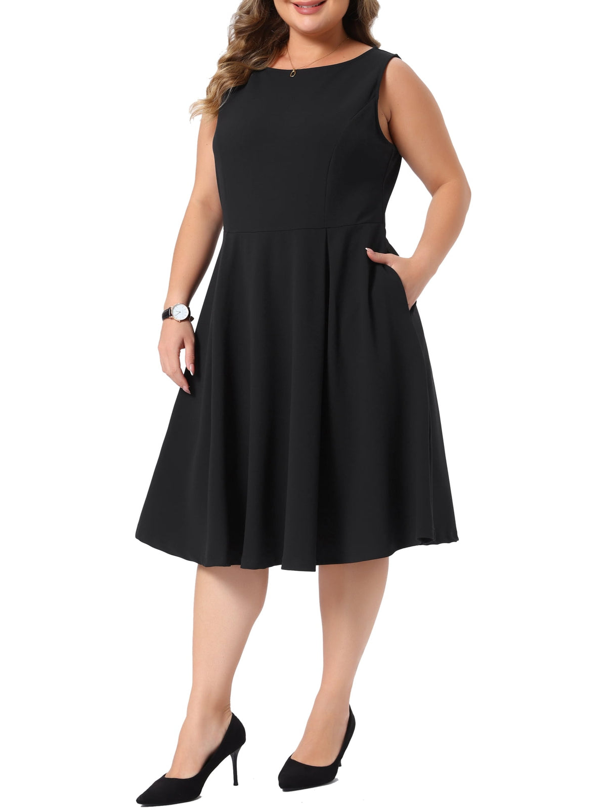 thumbnail image 4 of Agnes Orinda Women's Plus Size Flare A-Line Dress Boat Neck Sleeveless Pleated Office Work Cocktail Dresses with Pockets 2X Black, 4 of 6