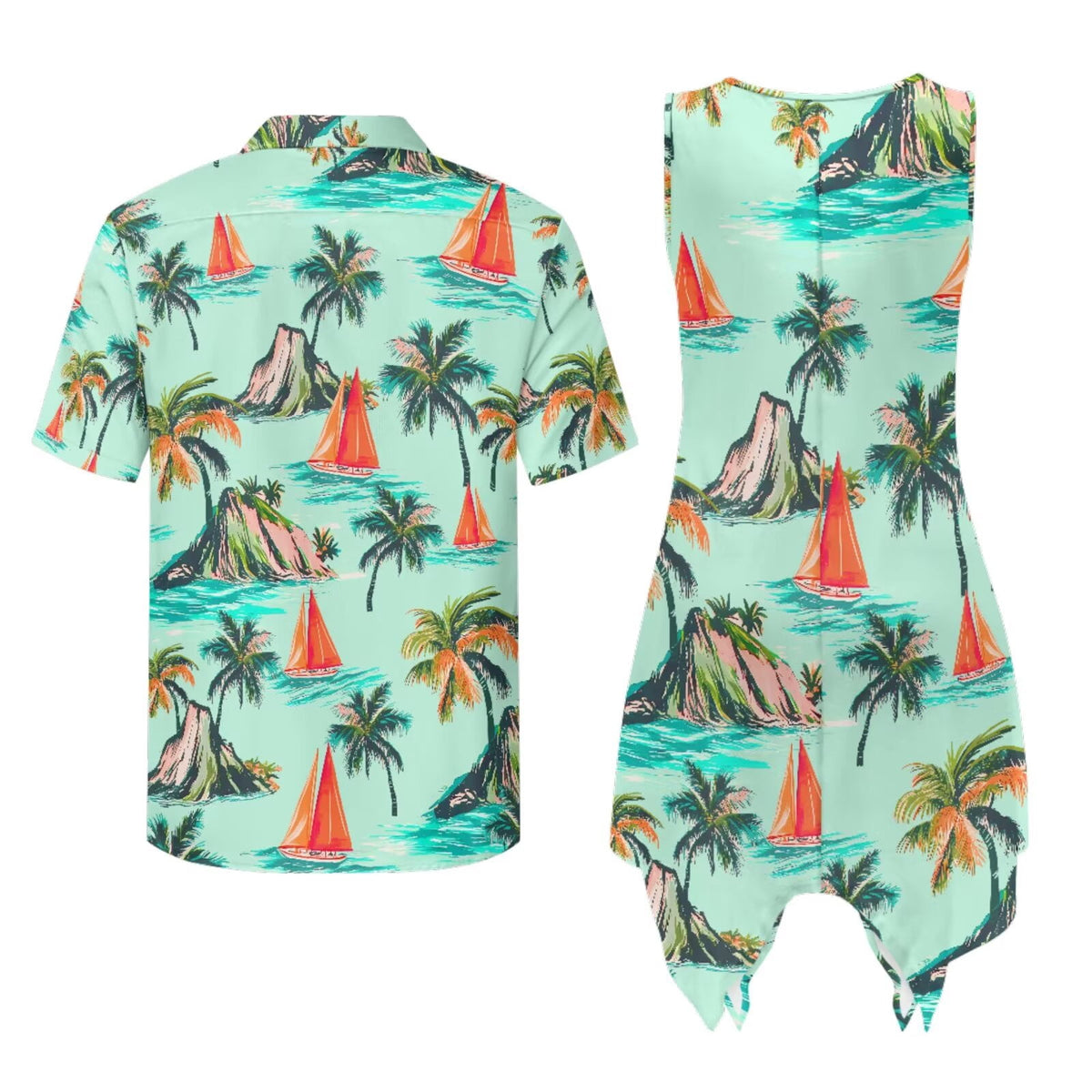 thumbnail image 3 of Psesaysky Palm Tree Ship Print Couples Outfits Hawaiian Matching Sets Summer Button Up Shirts and Sleeveless Dress with Pockets Plus Size Men and Women Matching Clothes for Travel, 3 of 7