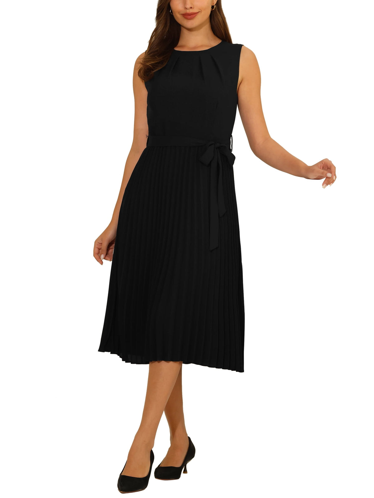 thumbnail image 2 of INSPIRE CHIC Women's Sleeveless Pleated Dress Tie Waist Casual Office A-Line Dresses 2XL Black, 2 of 6