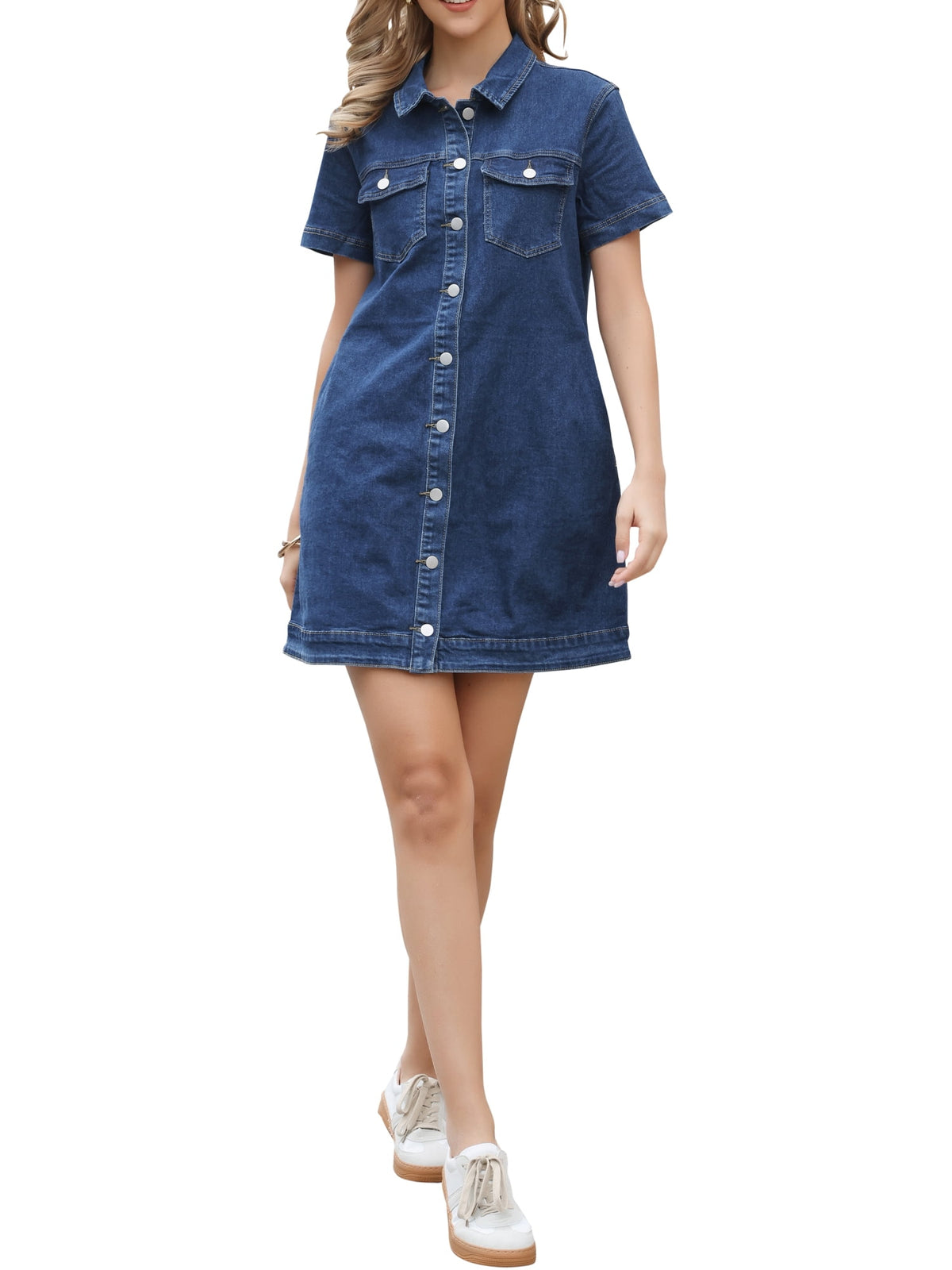 thumbnail image 2 of INSPIRE CHIC Denim Dress for Women's Short Sleeve Button Down A-Line Jean Dresses XS Dark Blue, 2 of 6