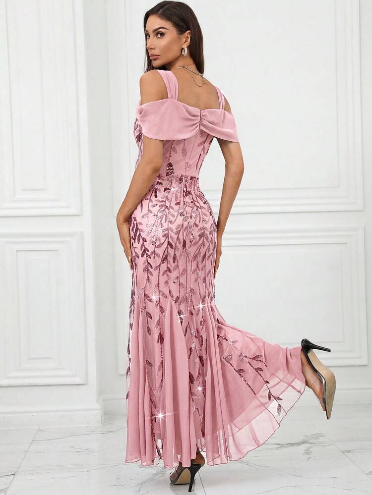 thumbnail image 2 of Pink Sequin Mermaid Evening Dress with Cold Shoulder, 2 of 6