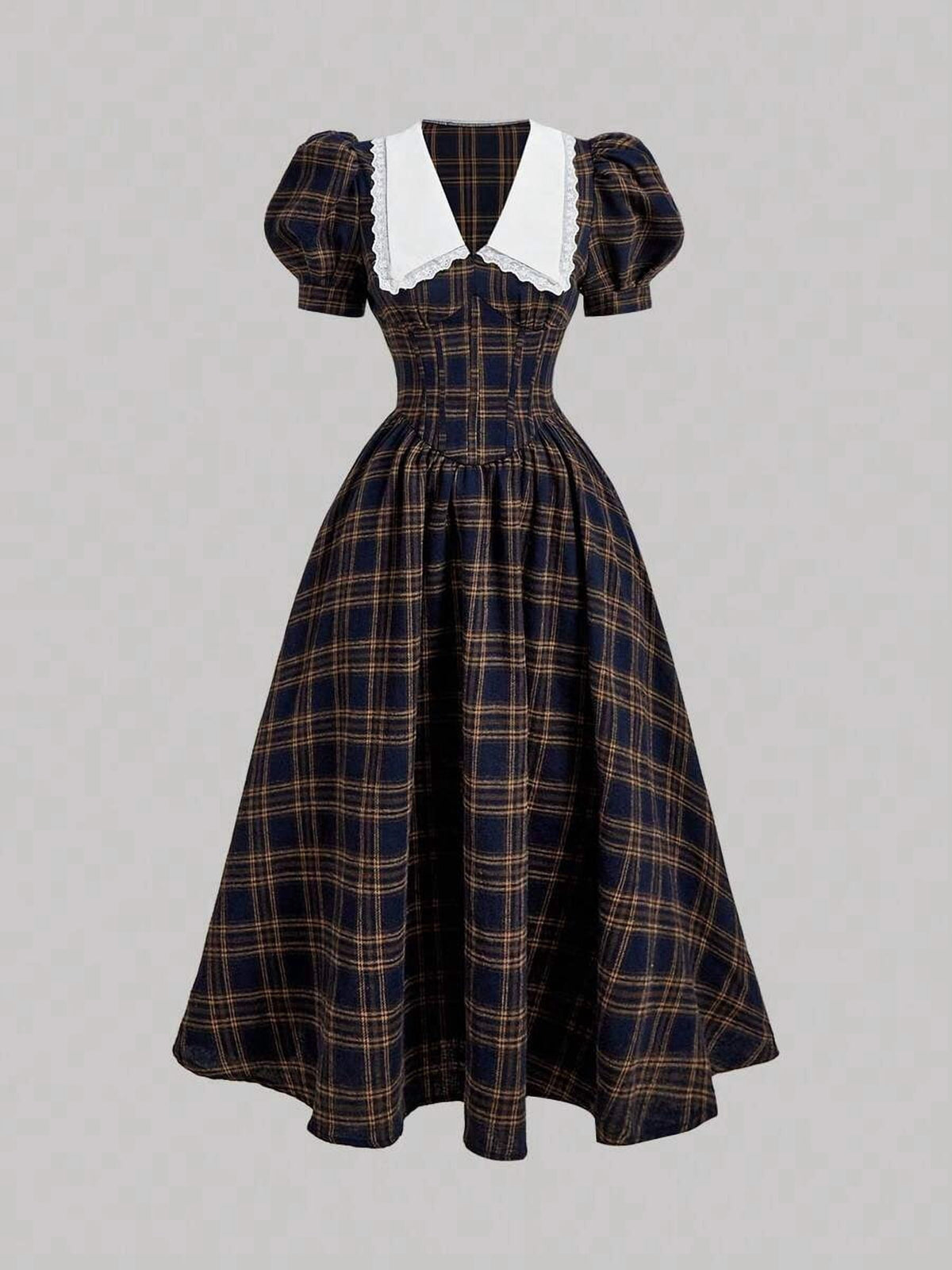 thumbnail image 2 of Brown Dress With Contrast Collar And Puff Sleeves Elegant Vintage Preppy, 2 of 6