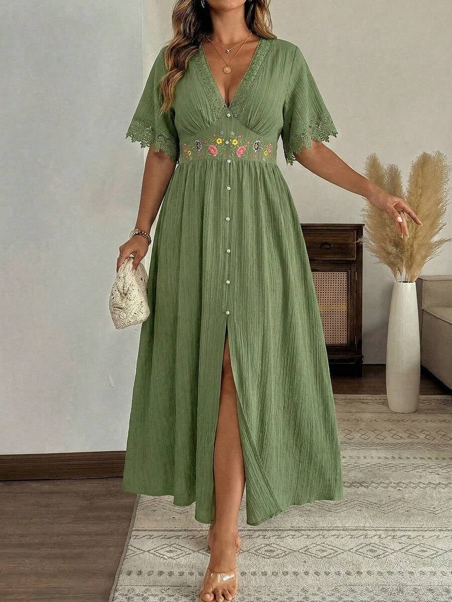 thumbnail image 6 of Womens Olive Green Boho Maxi Dress, Deep V-Neck Floral Embroidery Ruched, 6 of 6