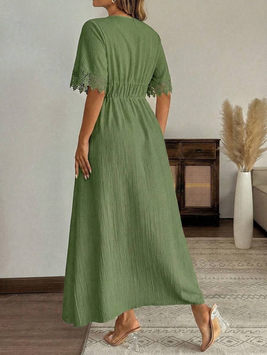 thumbnail image 2 of Womens Olive Green Boho Maxi Dress, Deep V-Neck Floral Embroidery Ruched, 2 of 6