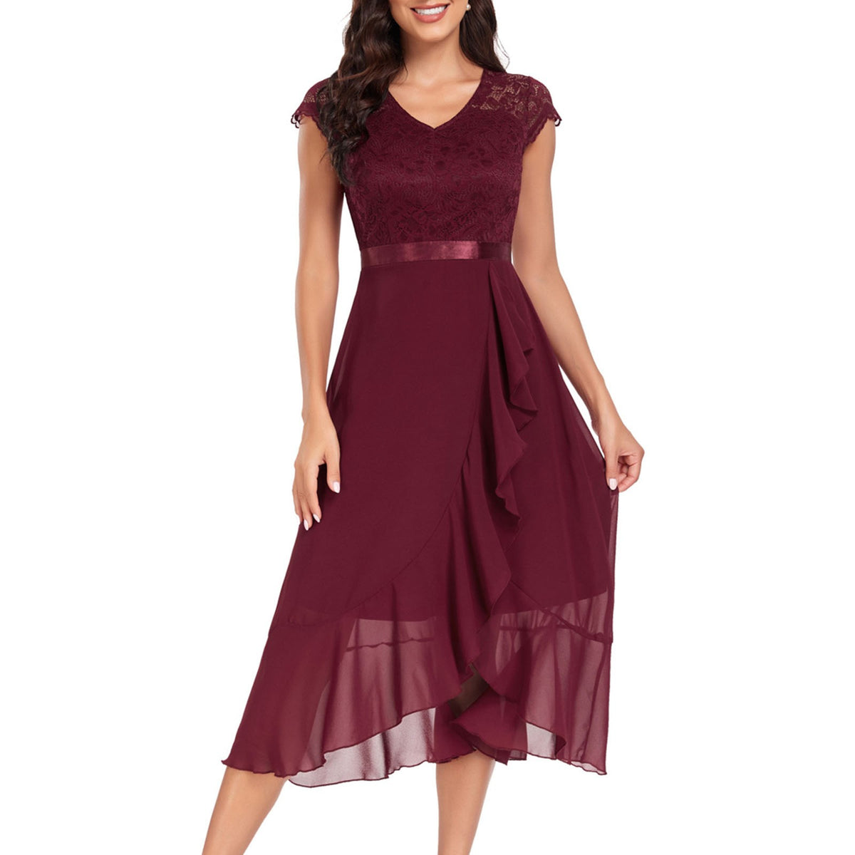 thumbnail image 2 of Gala Dresses for Women V Neck Floral Lace Short Sleeve Bridesmaid Maxi Dress Wedding Mid Length Formal Evening Dress L, 2 of 8