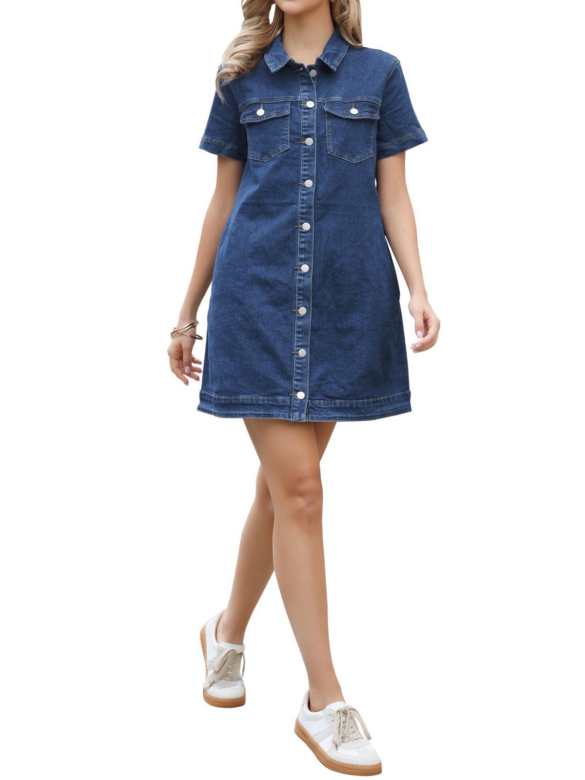 thumbnail image 4 of INSPIRE CHIC Denim Dress for Women's Short Sleeve Button Down A-Line Jean Dresses XS Dark Blue, 4 of 6