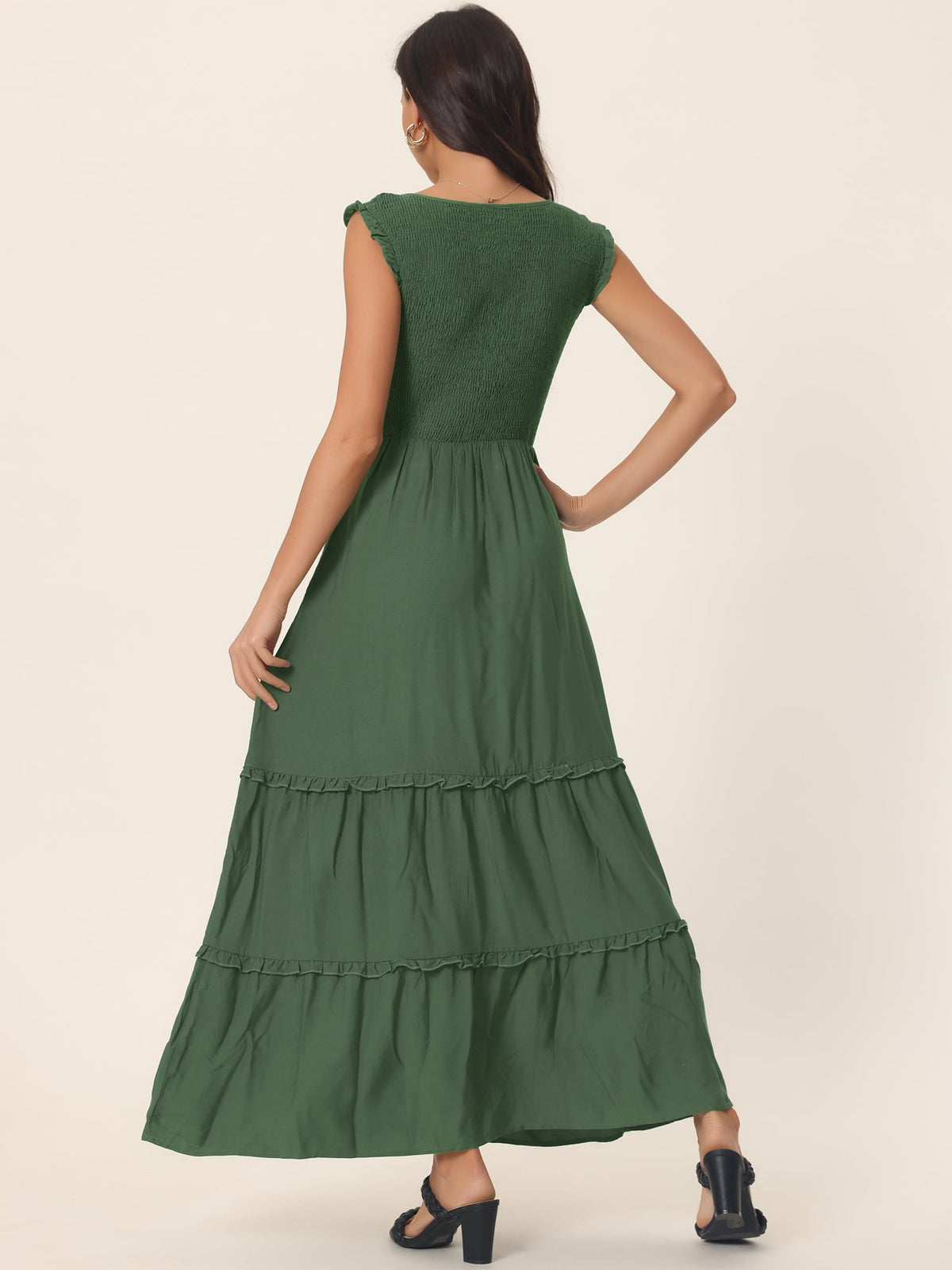 thumbnail image 4 of DARING DIVA Scoop Neck Ruffle Tiered Maxi Dress S Army Green, 4 of 6