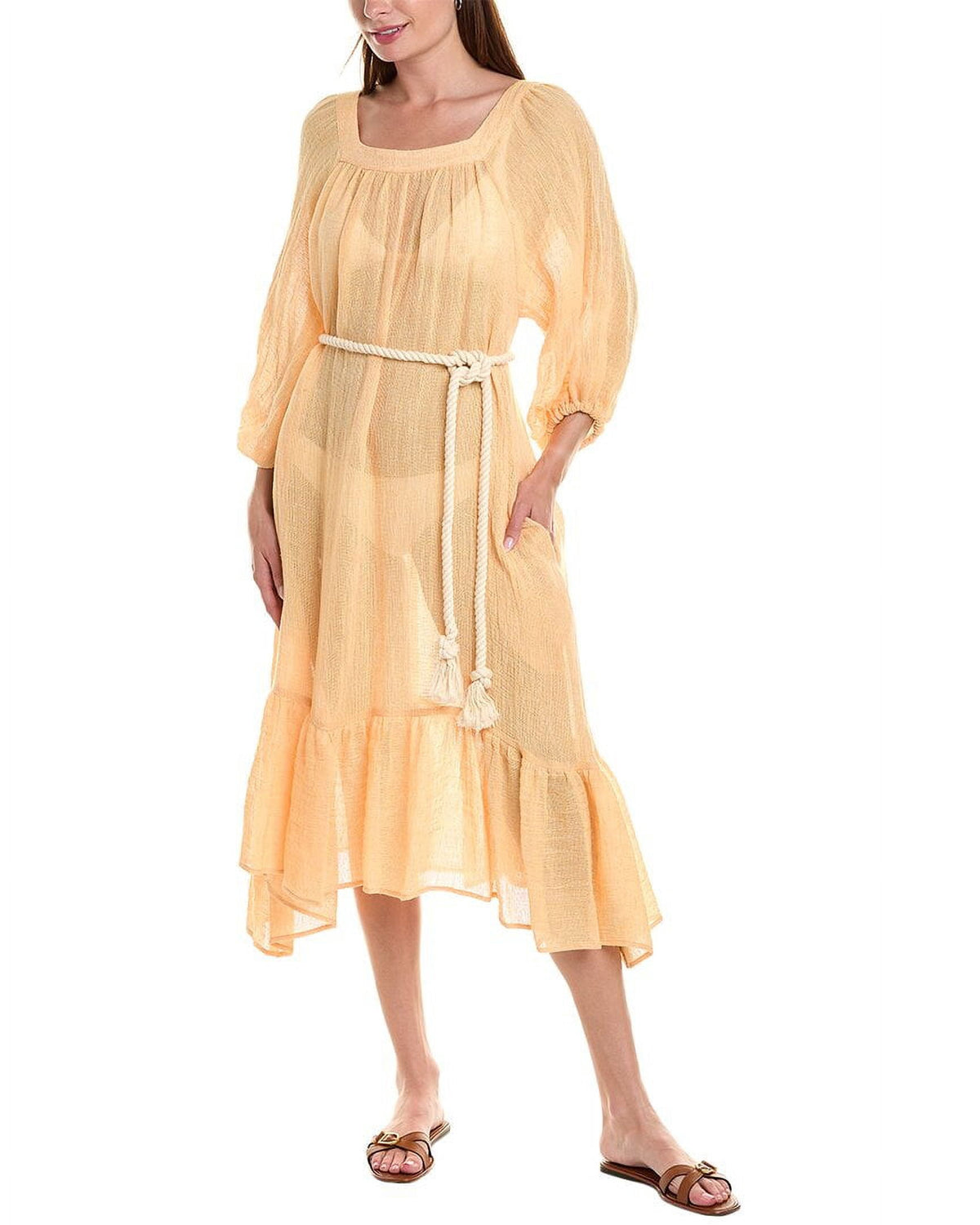 thumbnail image 3 of Lisa Marie Fernandez womens Laure Linen-Blend Midi Dress, 2 / S, Orange, 3 of 4