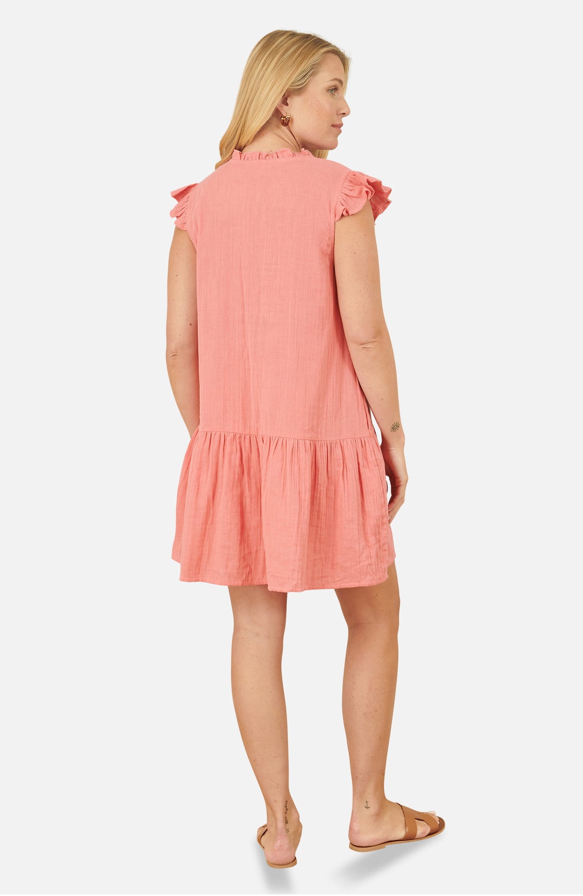 thumbnail image 2 of Yumi Frill Sleeve Double Cotton Tunic Dress - Orange, 4, 2 of 5