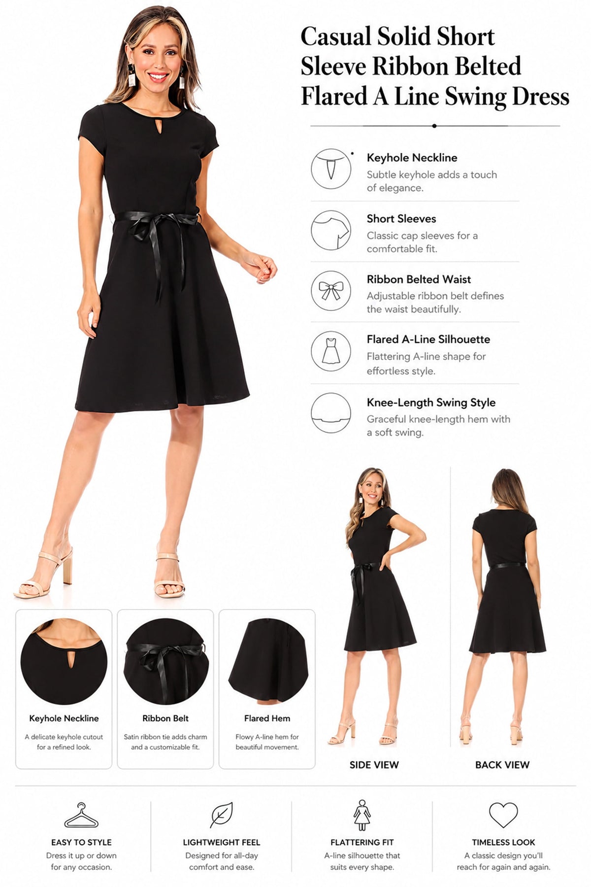 thumbnail image 6 of Women's Casual Solid Short Sleeve Ribbon Belted Flared A Line Swing Dresses, 6 of 6
