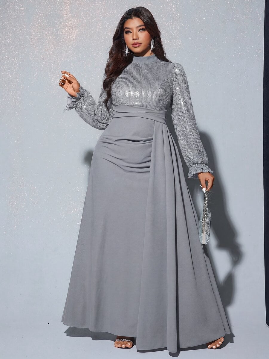 thumbnail image 4 of Grey Plus Size Sequin Long Sleeve Waist Flare Maxi Dress, 4 of 6